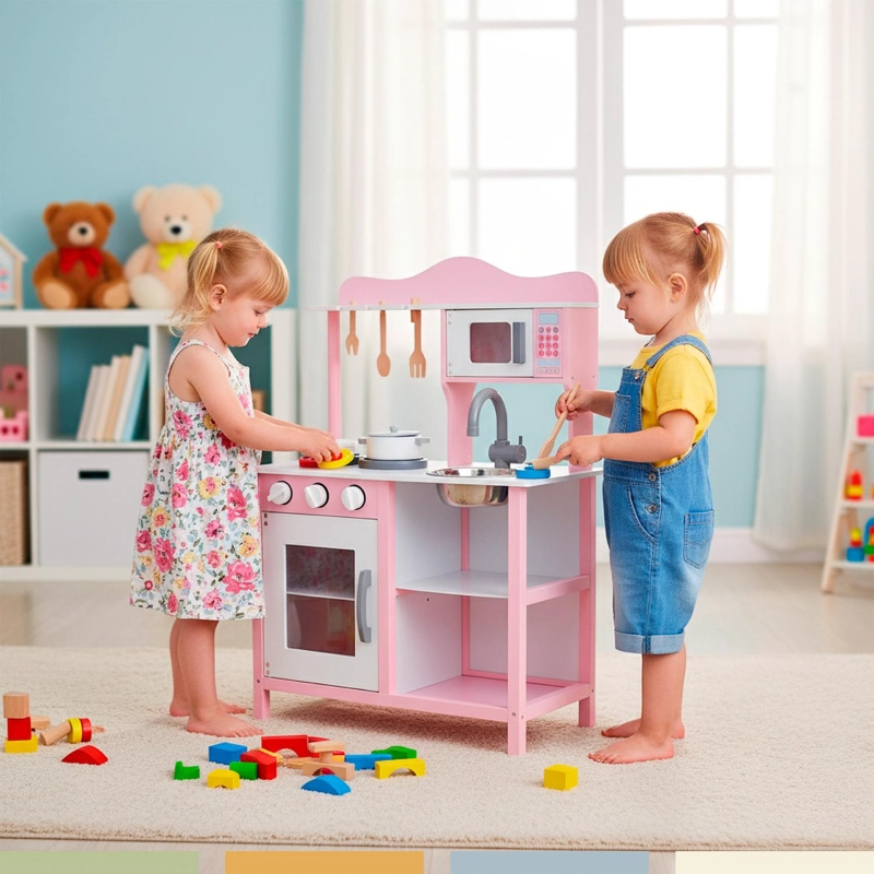 COCINA DE JUGUETE INFANTIL NIÑOS MADERA ROSADA CON ACC BANDU - 2