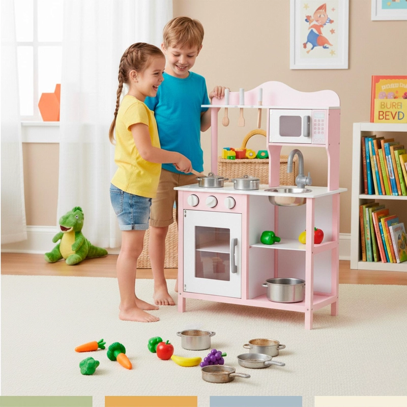 COCINA DE JUGUETE INFANTIL NIÑOS MADERA ROSADA CON ACC BANDU - 8