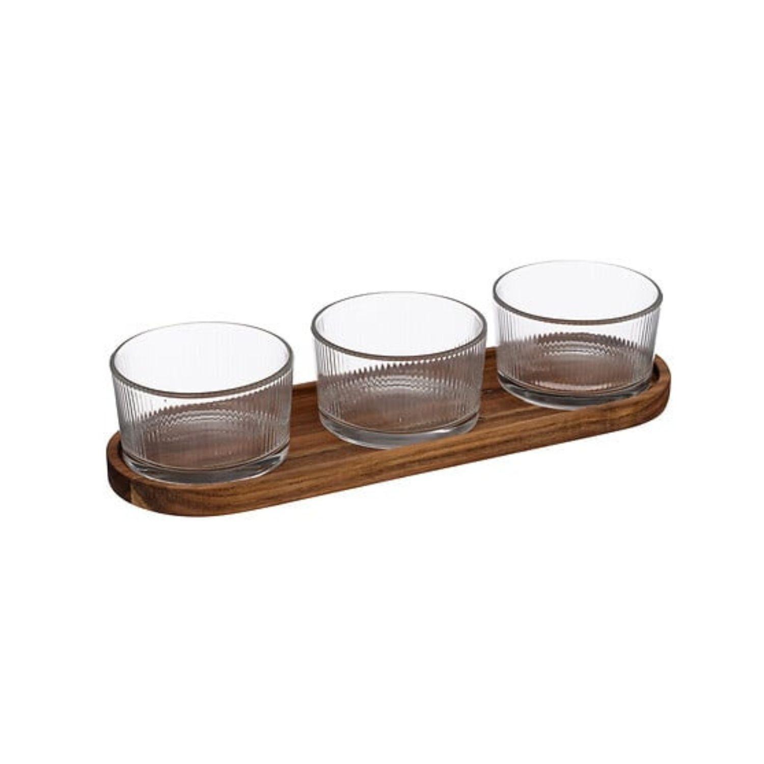 SET APERITIVO 4 PZA VIDRIO Y BASE DE MADERA SECRET DE GOURMET
