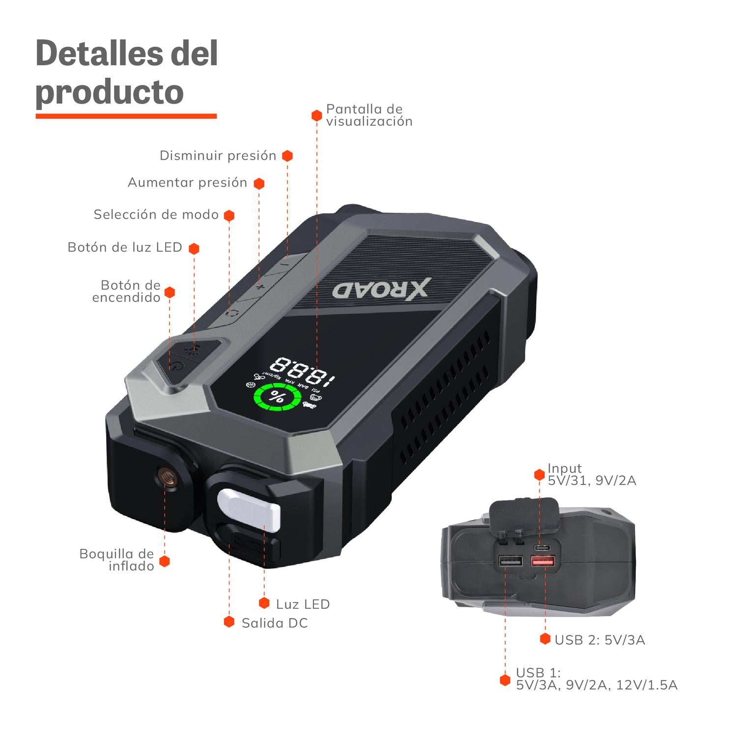 PARTIDOR DE BATERIA PORTATIL CON COMPRESOR DE AIRE 12V XROAD - 4