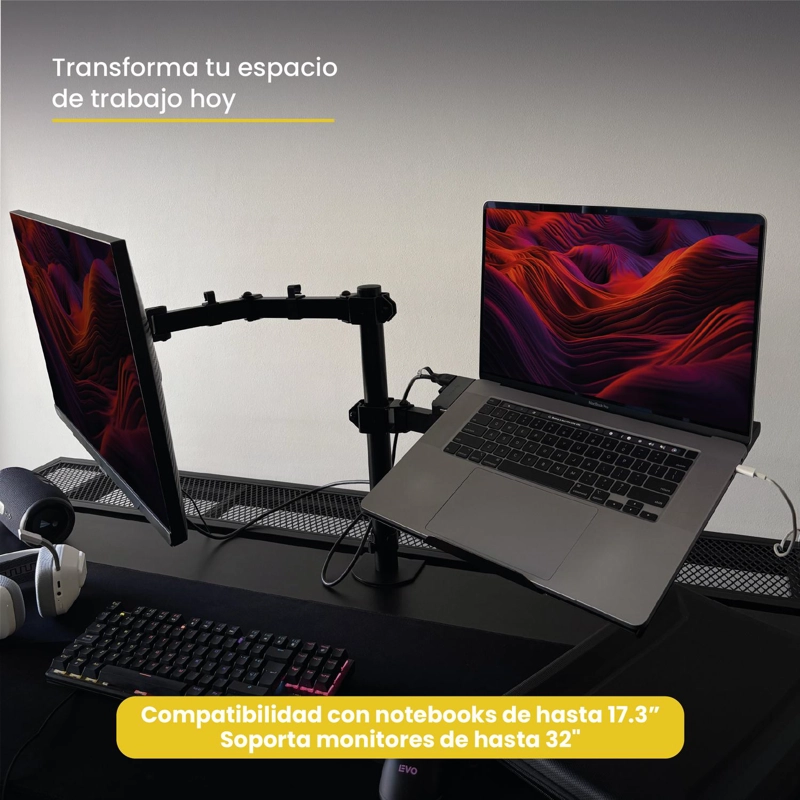 SOPORTE BRAZO DOBLE MONITOR NOTEBOOK ESCRITORIO NEGRO LEVO - 3
