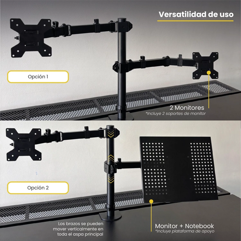 SOPORTE BRAZO DOBLE MONITOR NOTEBOOK ESCRITORIO NEGRO LEVO - 5