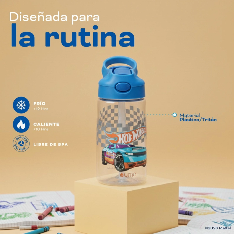 BOTELLA AGUA NIÑOS HOT WHEELS RACE 420ML CON BOMBILLA UMA - 4