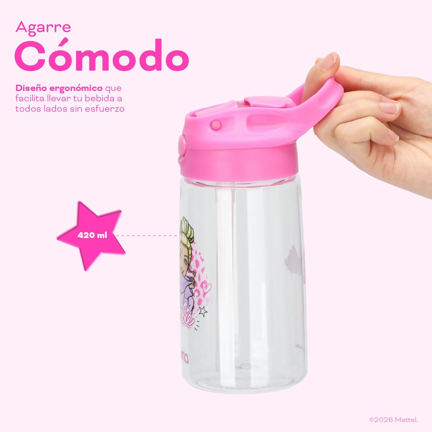 BOTELLA AGUA NIÑOS BARBIE LOVE 420ML CON BOMBILLA UMA - 5
