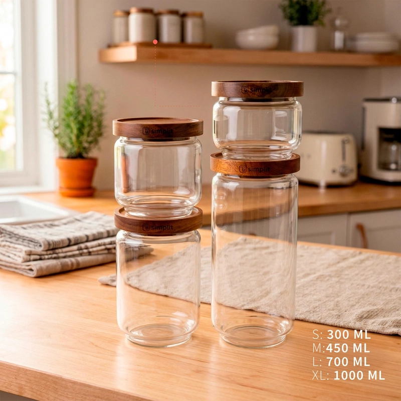 SET 4 CONTENEDORES HERME TICOS VIDRIO TAPA MADERA DUBLIN SIMPLIT - 3
