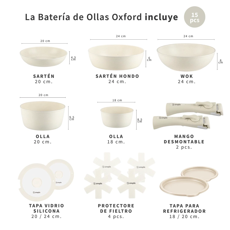 BATERIA DE COCINA ANTIADHERENTE OXFORD BEIGE 15 PCS SIMPLIT - 8