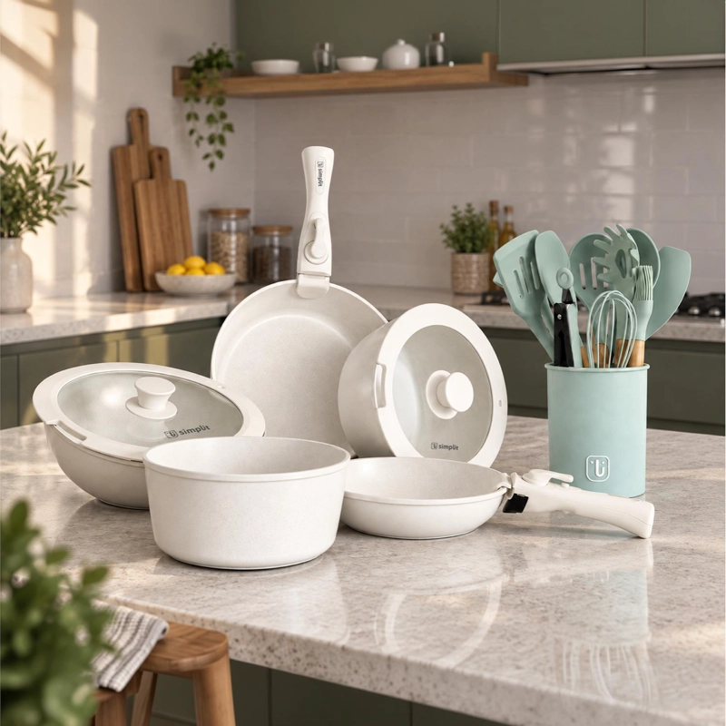 BATERIA DE COCINA OXFORD BEIGE + SET 12 UTENSILIOS CALIPSO - 2