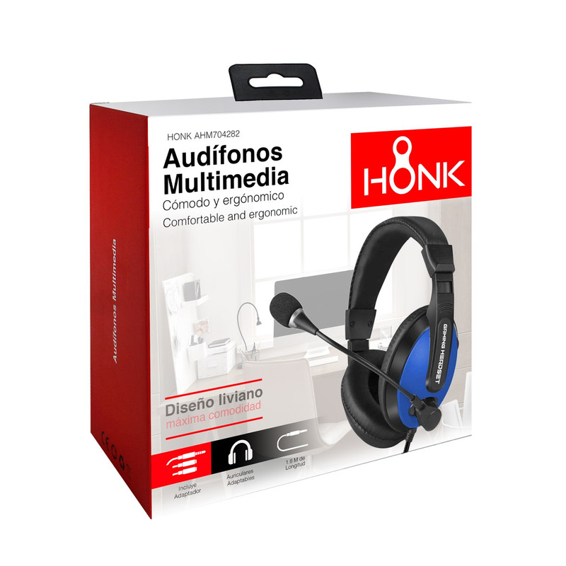 AUDÍFONOS GAMER HEADSET HONK MULTIMEDIA AZUL CONECTOR JACK 3.5MM - 2