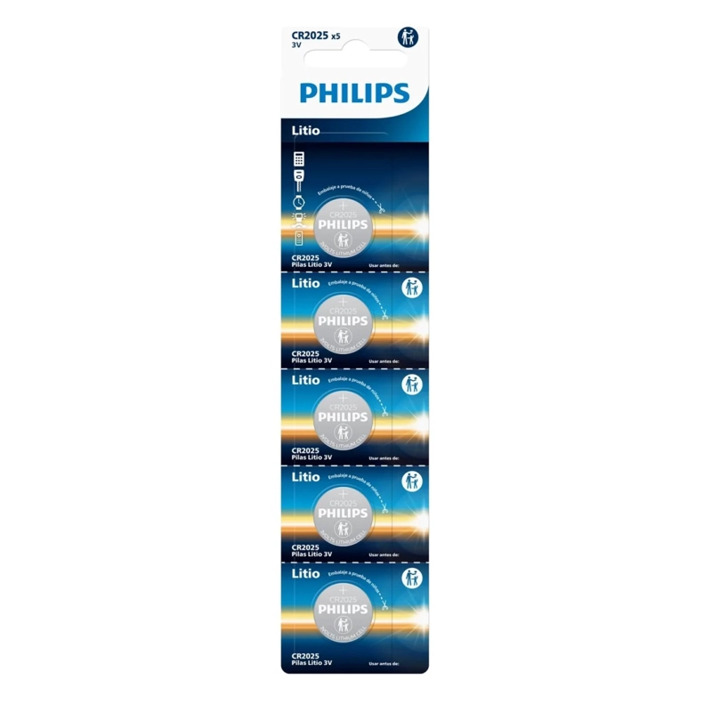 PACK 5 PILAS CR2025 3V TIPO BOTON LITIO PHILIPS - 1