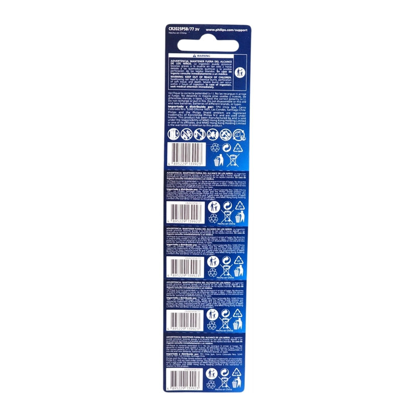 PACK 5 PILAS CR2025 3V TIPO BOTON LITIO PHILIPS - 5
