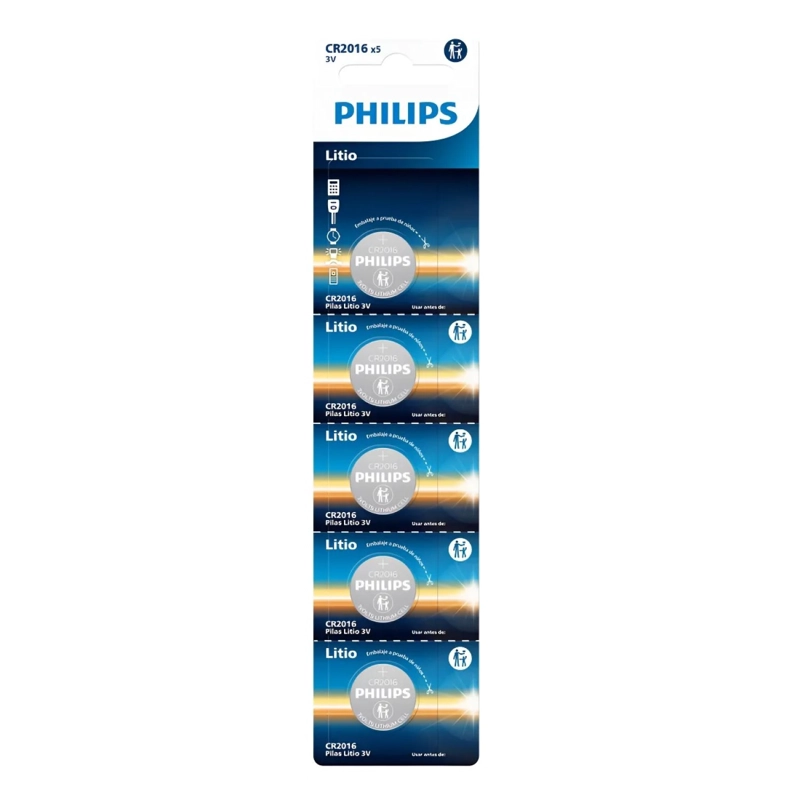 PACK 5 PILAS CR2016 TIPO BOTON LITIO 3V PHILIPS - 2