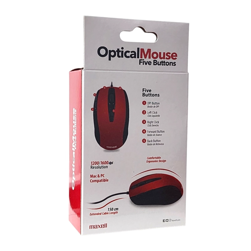 MOUSE OPTICO 5 BOTONES CON CABLE USB MOWR-105 MAXELL ROJO - 4