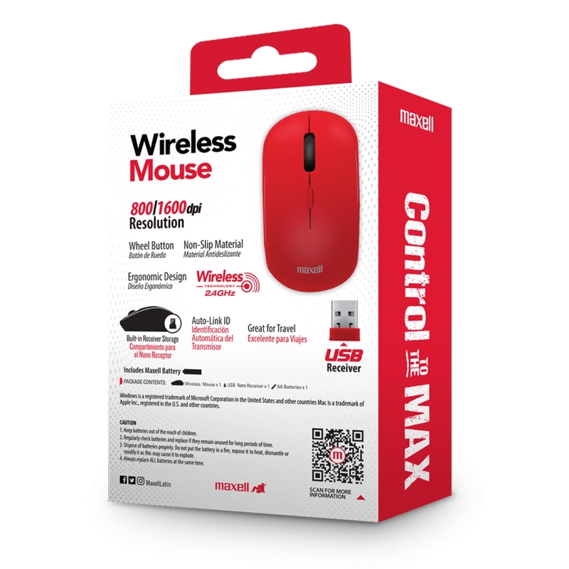 MOUSE INALAMBRICO ERGONOMICO 1600 DPI MOWL-100 MAXELL ROJO - 4