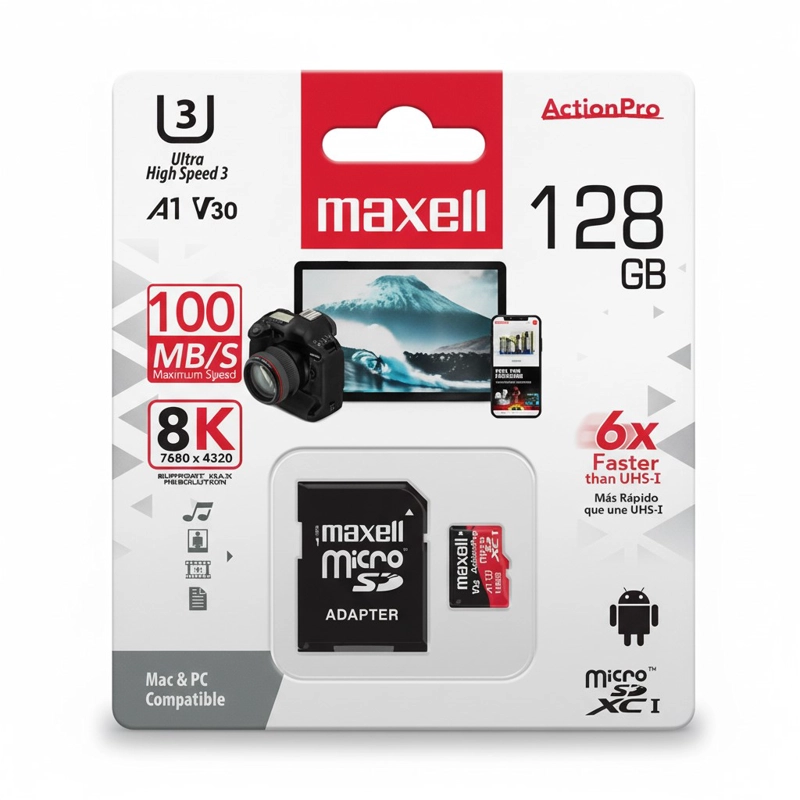 TARJETA MICROSD MAXELL 128GB UH-3 8K 100MB V30 - 1