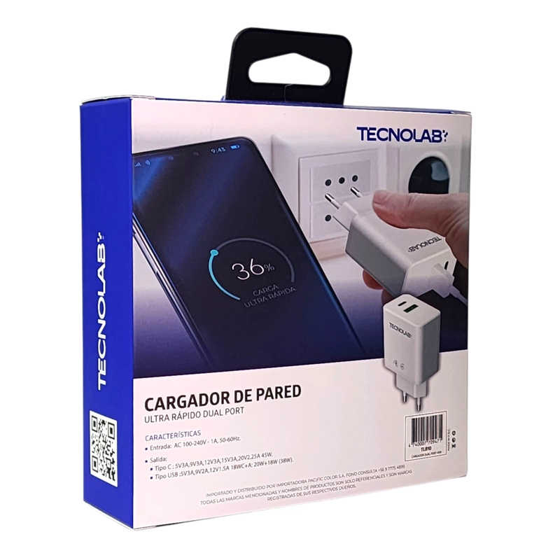 CARGADOR ULTRA RAPIDO 45W QC 3.0 TL810 DOBLE PUERTO TECNOLAB - 8