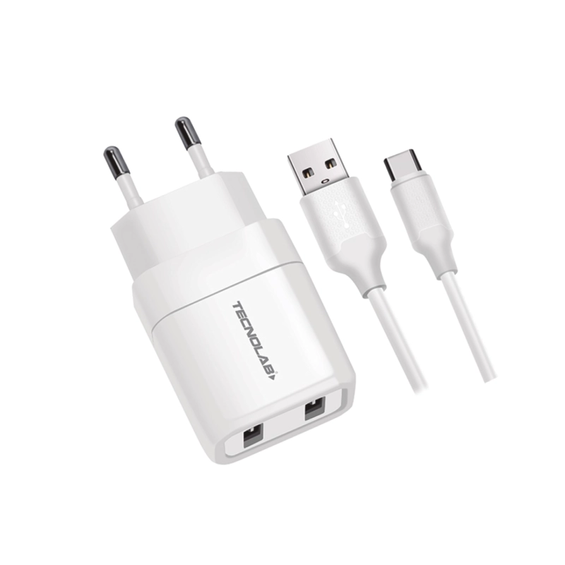 CARGADOR PARED 2 PUERTOS USB + CABLE USB-C TL044W TECNOLAB - 1