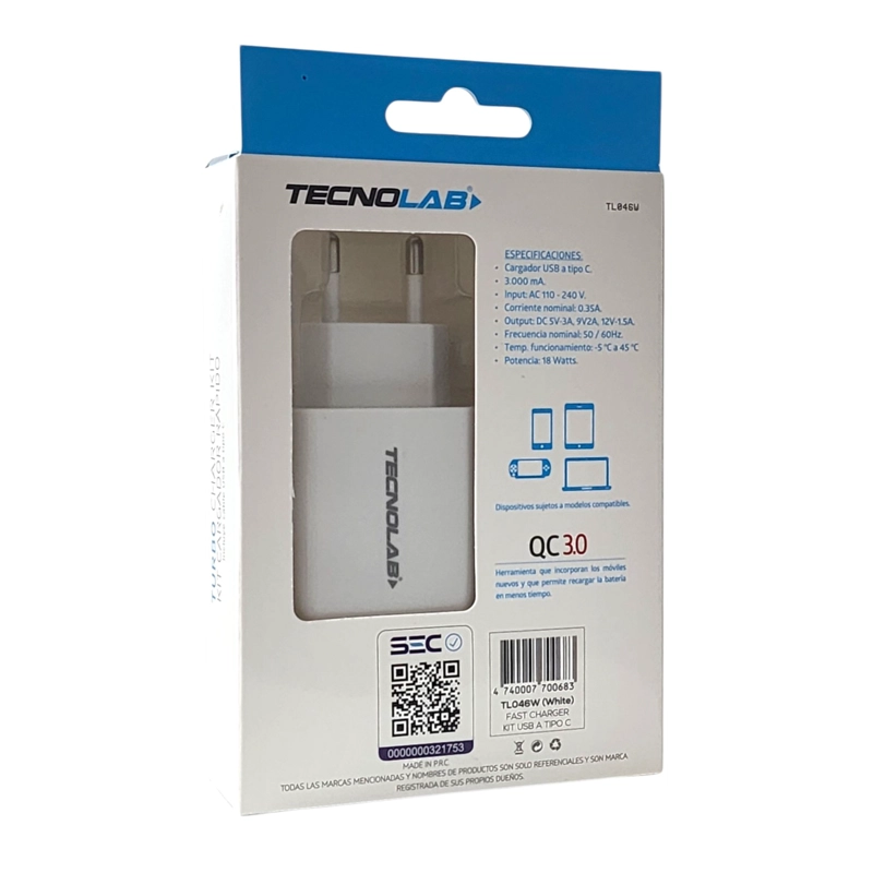 CARGADOR RAPIDO QC 3.0 + CABLE USB A USB-C TL046W TECNOLAB - 6