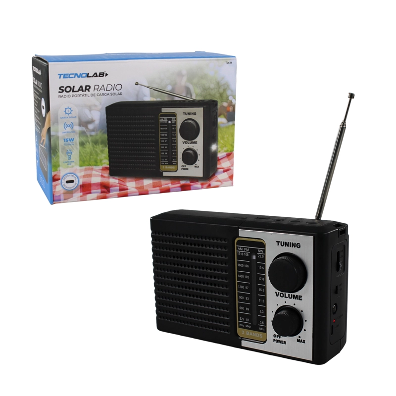RADIO PORTATIL SOLAR AM FM SW 15W LED Y USB TL636 TECNOLAB - 6