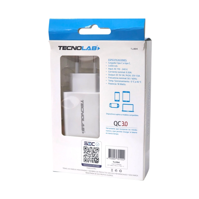 CARGADOR RAPIDO 3.0 18W + CABLE USB-C A USB-C TL094 TECNOLAB - 5