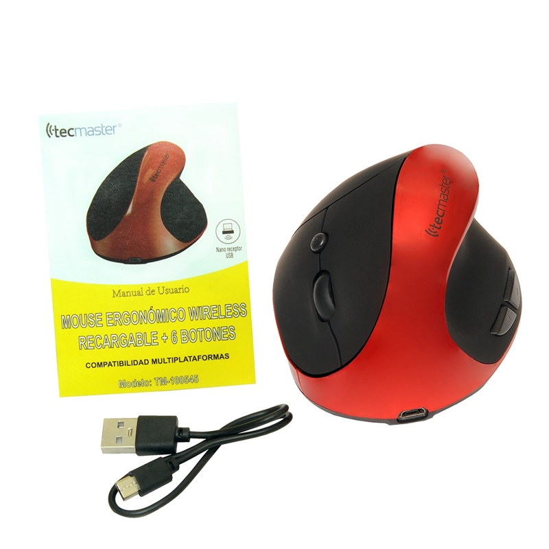 MOUSE ERGONOMICO TECMASTER INALAMBRICO RECARGABLE NEGRO/ROJO - 4