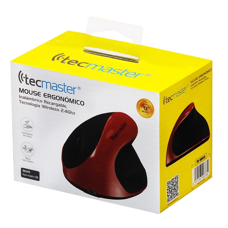 MOUSE ERGONOMICO TECMASTER INALAMBRICO RECARGABLE NEGRO/ROJO - 5