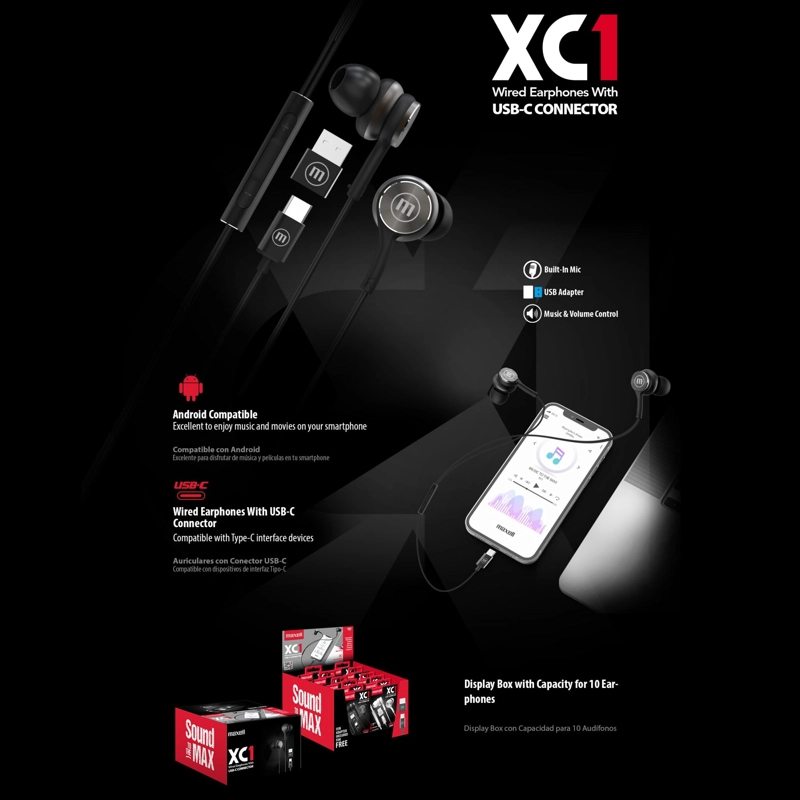 AUDIFONOS MAXELL XC1 TIPO C CON ADAPTADOR USB NEGRO - 2