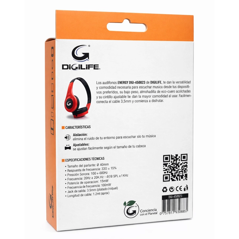 AUDIFONO CABLEADOS DIGILIFE DGL-450023 SIN MIC 3.5MM ROJO - 5