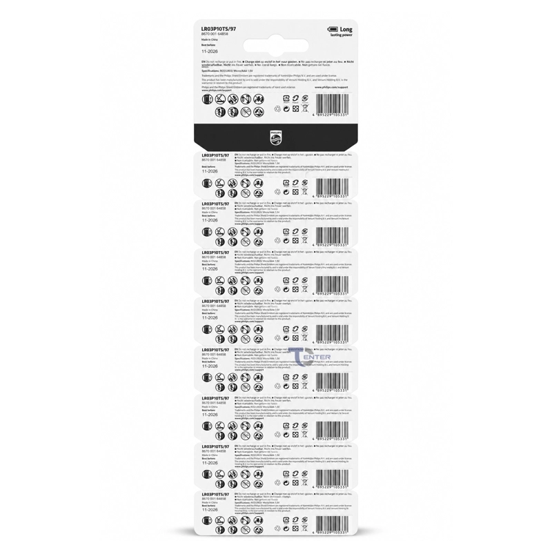 PACK 10 PILAS ALCALINAS AAA PHILIPS POWER ALCALINE LR03 1.5V - 2