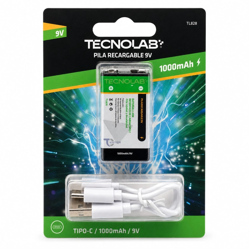 PILA RECARGABLE 9V 1000MAH USB-C TECNOLAB TL-828 - 1