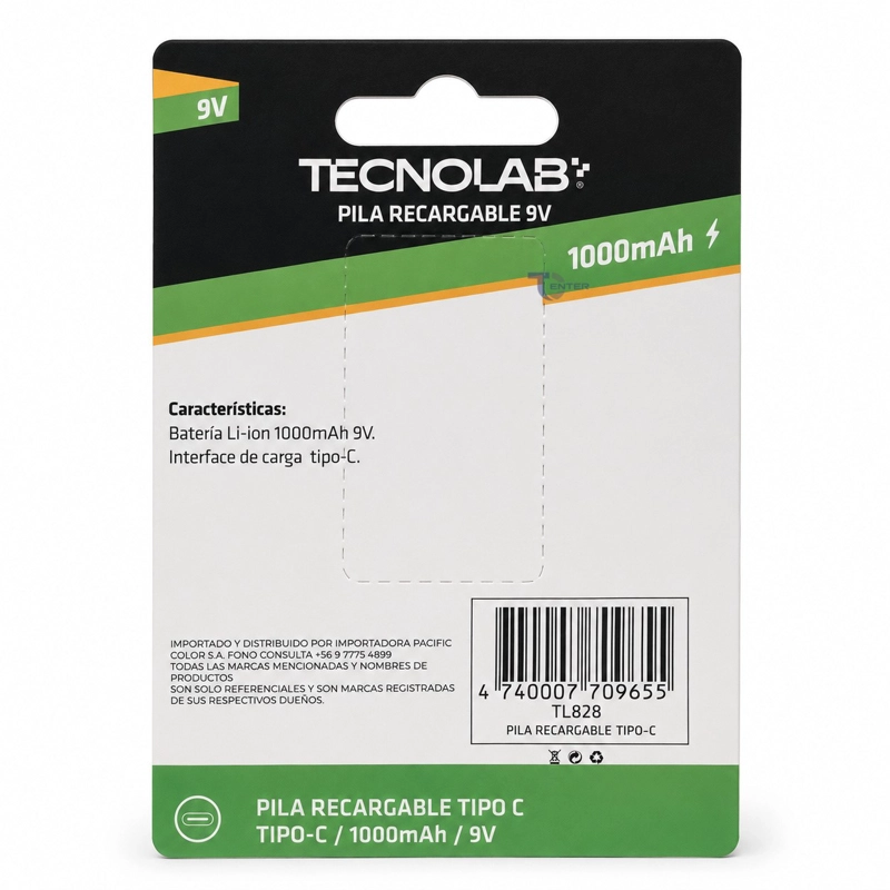 PILA RECARGABLE 9V 1000MAH USB-C TECNOLAB TL-828 - 2