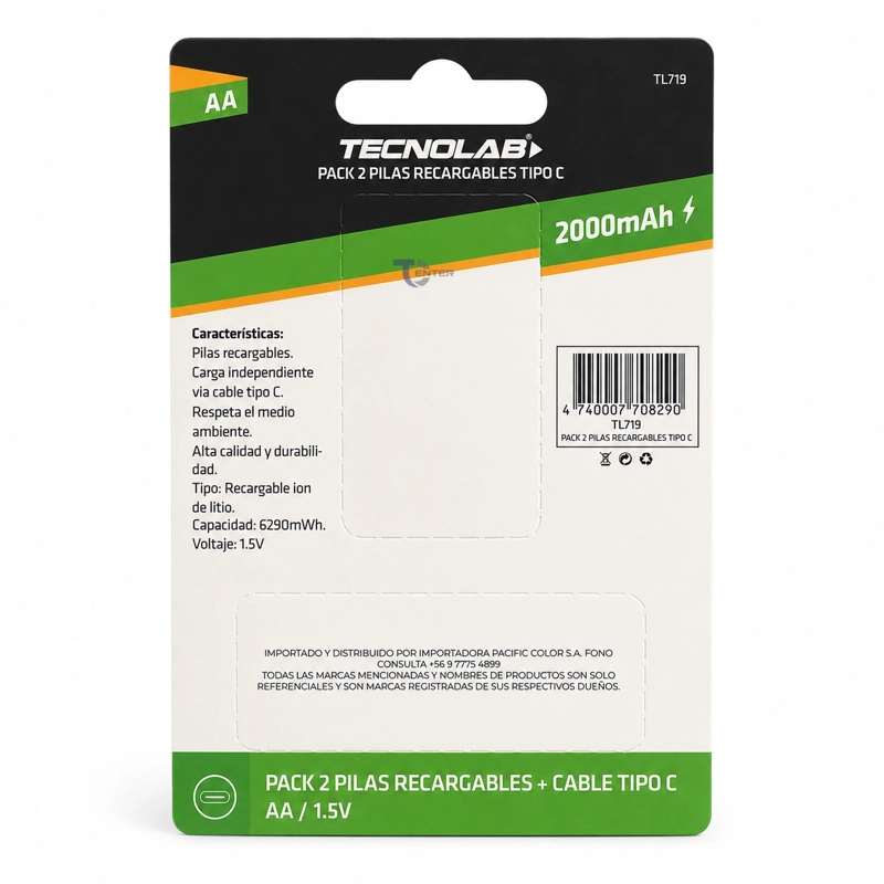 PACK 2 PILAS RECARGABLES AA LITIO TECNOLAB TL-719 - 2