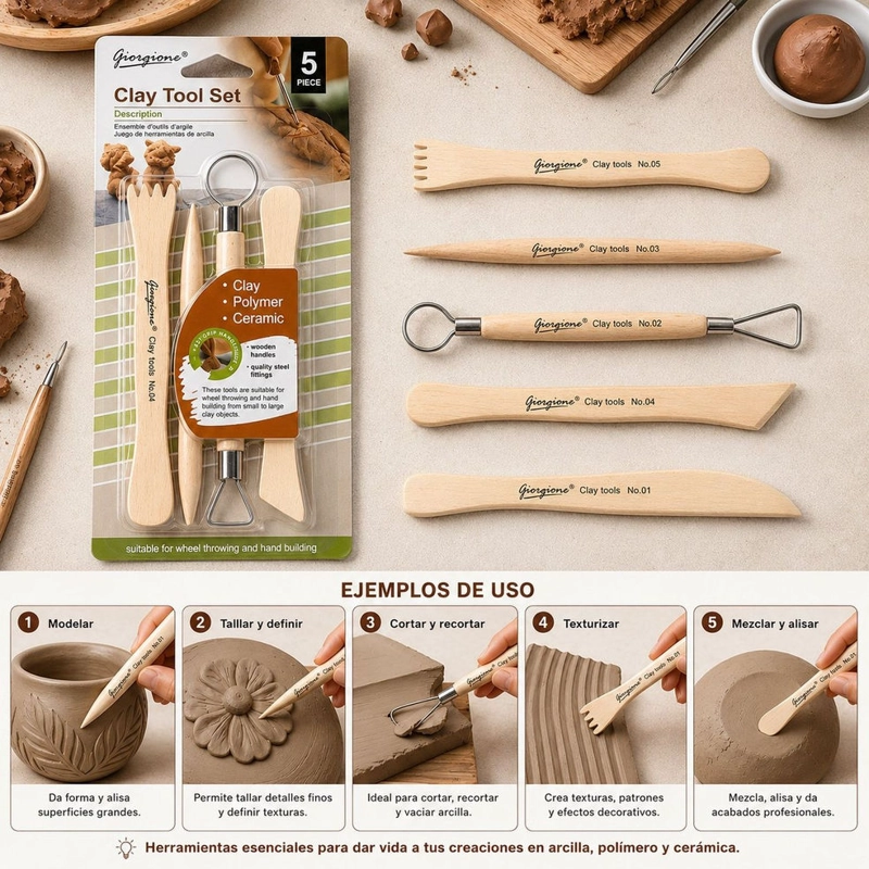 SET 5 HERRAMIENTAS DE MADERA PARA ARCILLA GIORGIONE G-Y0006 - 2