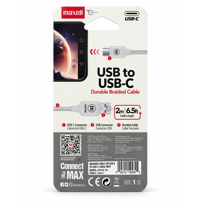 CABLE TRENZADO USB-A A USB-C MAXELL BRACW-2M 2 M BLANCO - 3