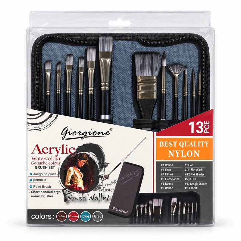 SET 12 PINCELES NYLON GIORGIONE G-F120 ACRILICO Y ACUARELA - 1