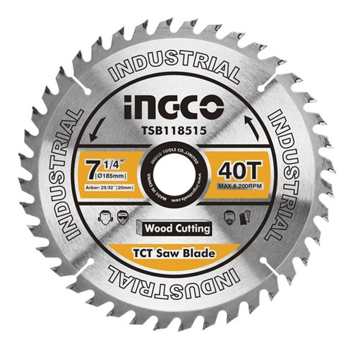 DISCO DE SIERRA CIRCULAR INDUSTRIAL MADERA 40T 185MM 7 1/4' INGCO TSB118515 - 1