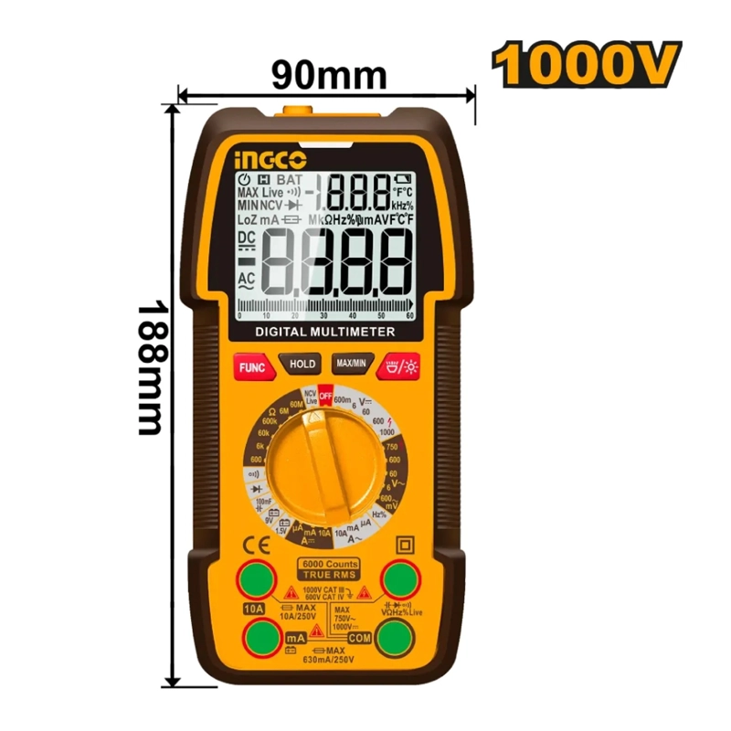 MULTIMETRO DIGITAL INDUSTRIAL 6000 CUENTAS 1000V INGCO - 2