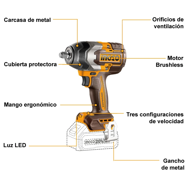 PISTOLA DE IMPACTO BL INALAMBRICA INDUSTRIAL 1/2' 20V/800NM - 5