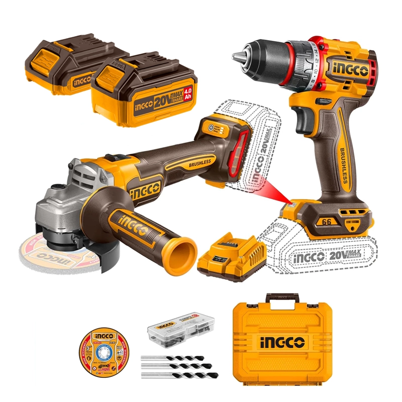 SET TALADRO BL Y ESMERIL BL +2BAT Y CARG +ACCESORIOS INGCO - 1