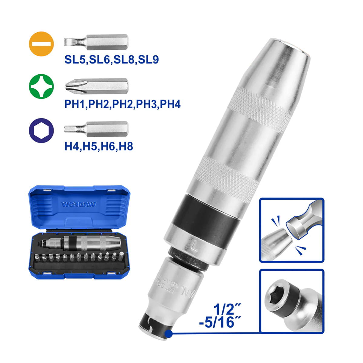 SET DESTORNILLADOR DE IMPACTO SL/PH/H 13 PIEZAS WADFOW - 3