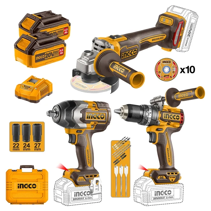 SET INGCO TALADRO PE+ PISTOLA DE IMPACTO + ESMERIL +2BAT - 1