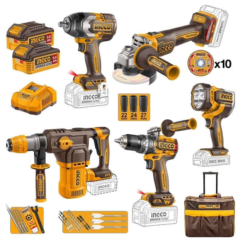 COMBO INGCO: TALADRO + LLAVE IMP + ESMERIL + ROTOMARTILLO - 1
