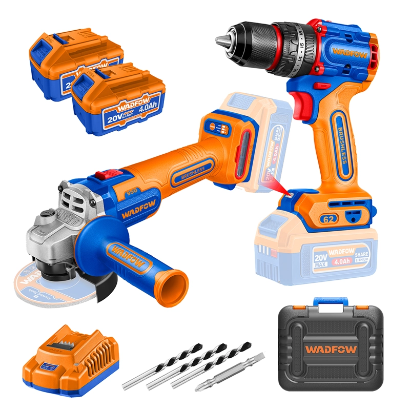 KIT TALADRO Y ESMERIL INALAMBRICO WADFOW 20V + 2 BAT Y CARG. - 1