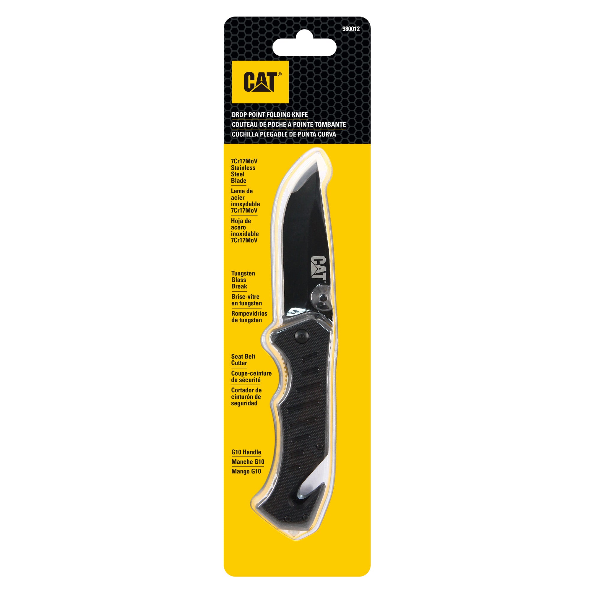 CUCHILLO CAT NAVAJA PLEGABLE 980012 PUNTA CURVA CON ROTURA VIDRIO Y CORTADOR BANDA ACERO INOXIDABLE - 1