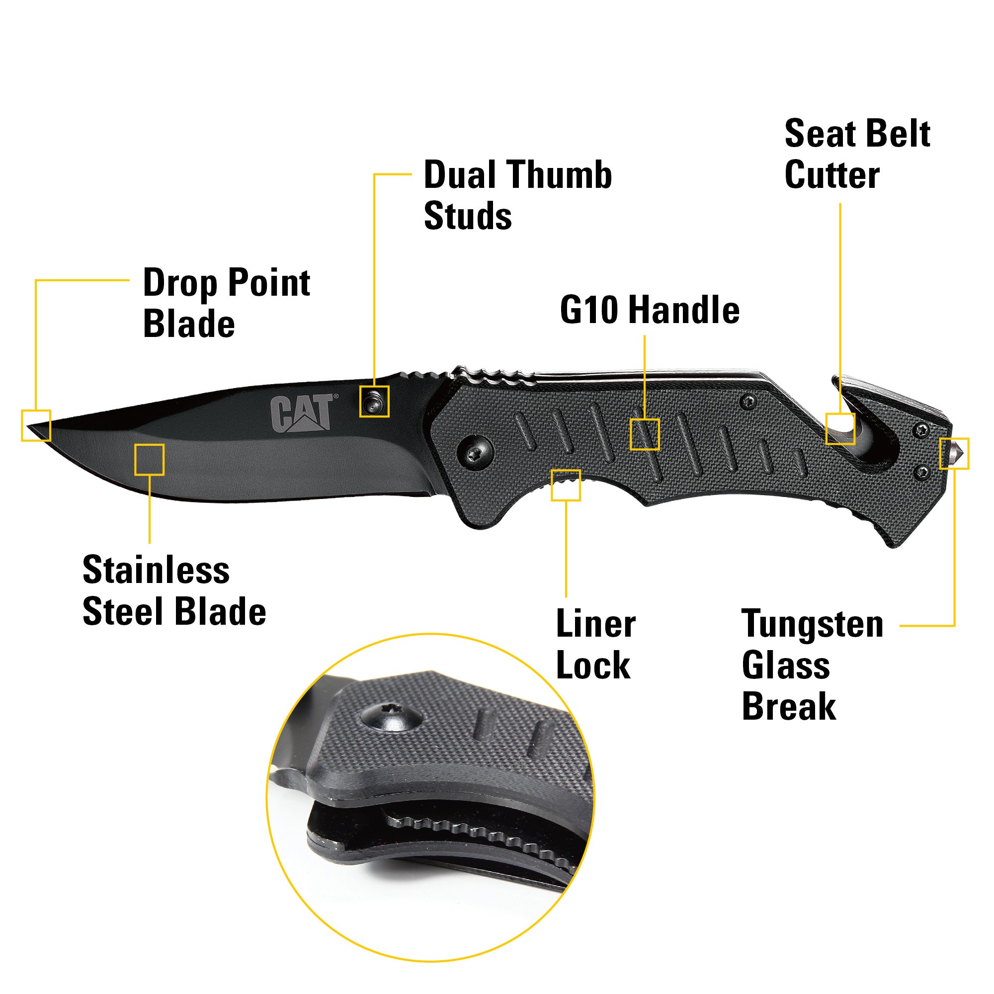 CUCHILLO CAT NAVAJA PLEGABLE 980012 PUNTA CURVA CON ROTURA VIDRIO Y CORTADOR BANDA ACERO INOXIDABLE - 3