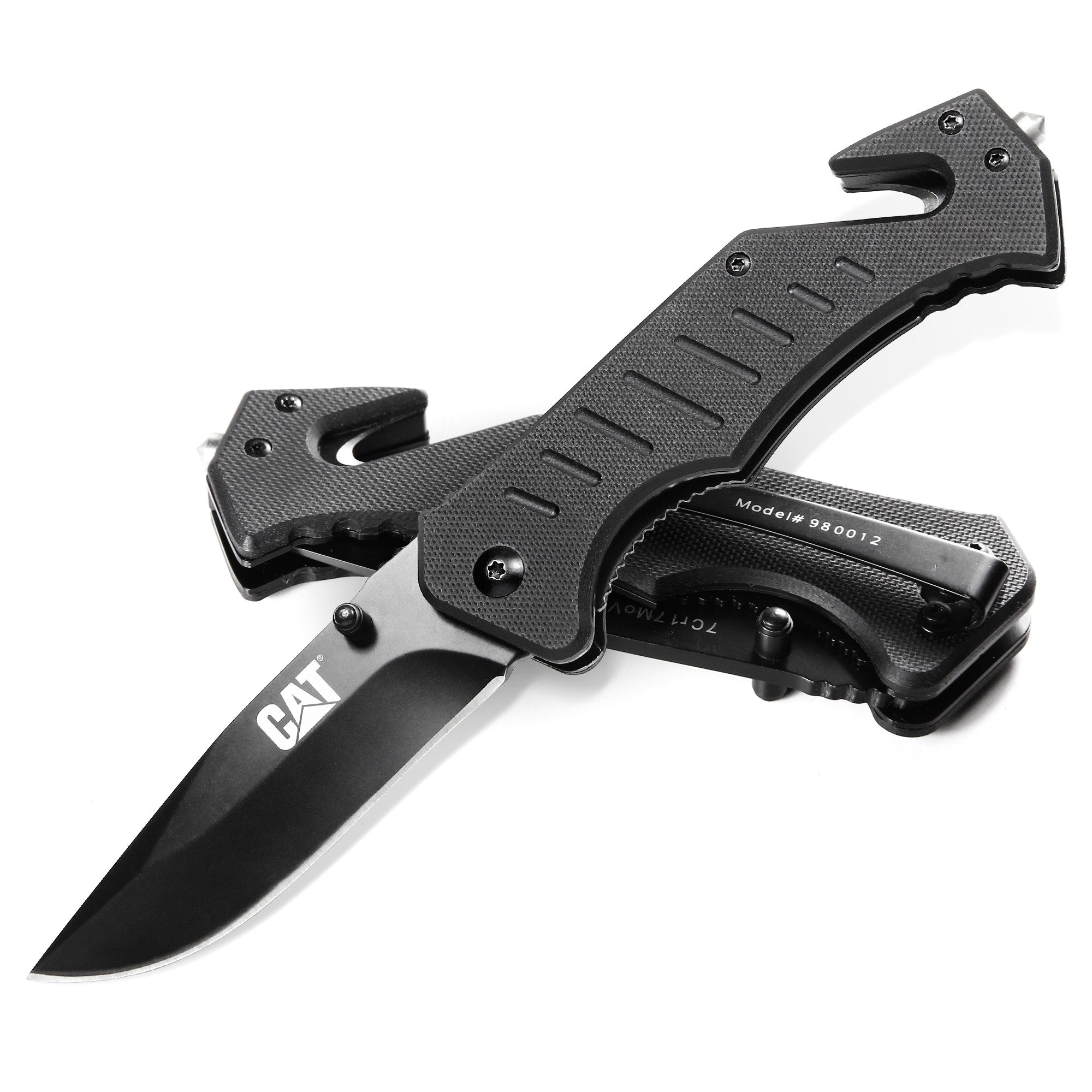 CUCHILLO CAT NAVAJA PLEGABLE 980012 PUNTA CURVA CON ROTURA VIDRIO Y CORTADOR BANDA ACERO INOXIDABLE - 5
