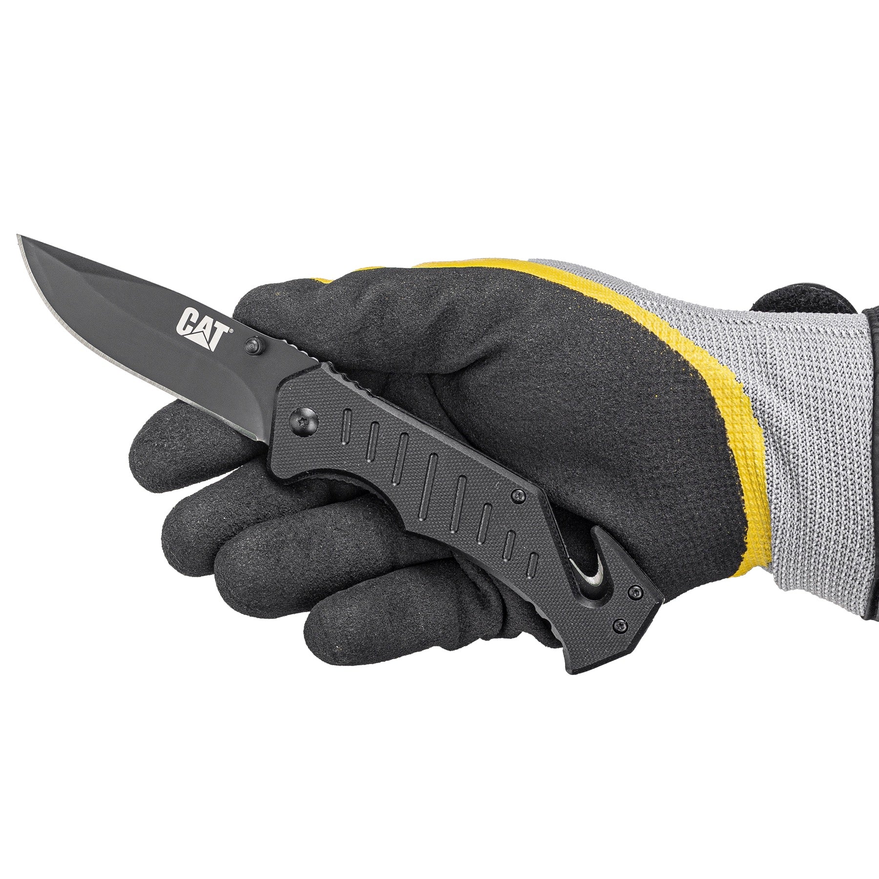CUCHILLO CAT NAVAJA PLEGABLE 980012 PUNTA CURVA CON ROTURA VIDRIO Y CORTADOR BANDA ACERO INOXIDABLE - 7