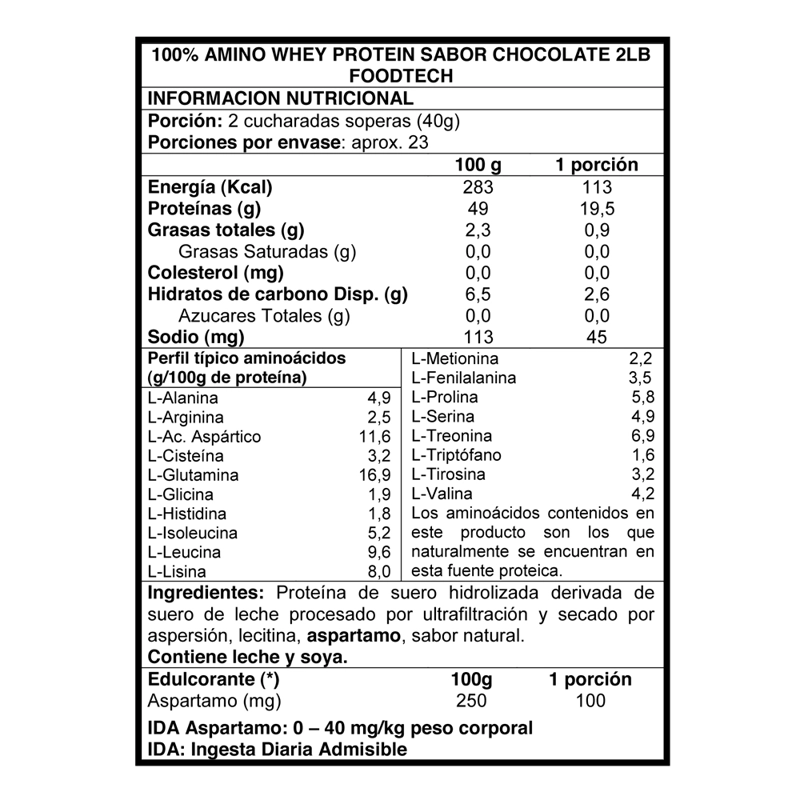 SUPLEMENTO ALIMENTICIO FOODTECH 100% AMINO WHEY PROTEIN CHOCOLATE 2 LB - 2