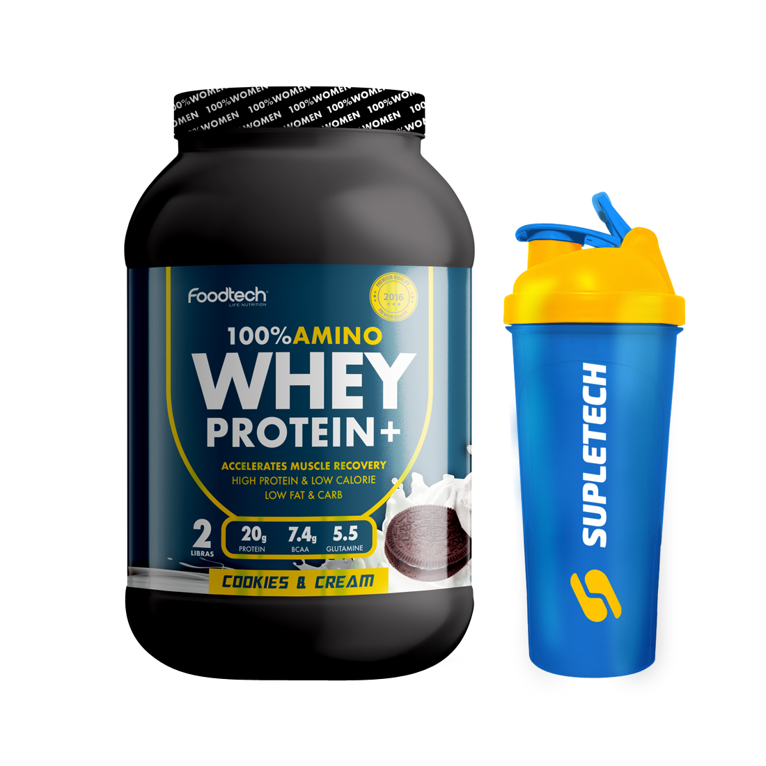 100% AMINO WHEY PROTEIN 2 LB -FOODTECH COOKIESCREAM+SHAKER BLUE - 1