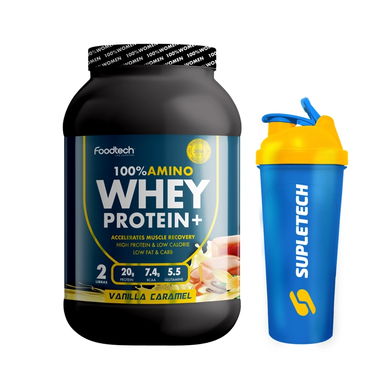PACK FOODTECH 100% AMINO WHEY PROTEIN 2 LB VAINILLA + SHAKER BLUE - 1
