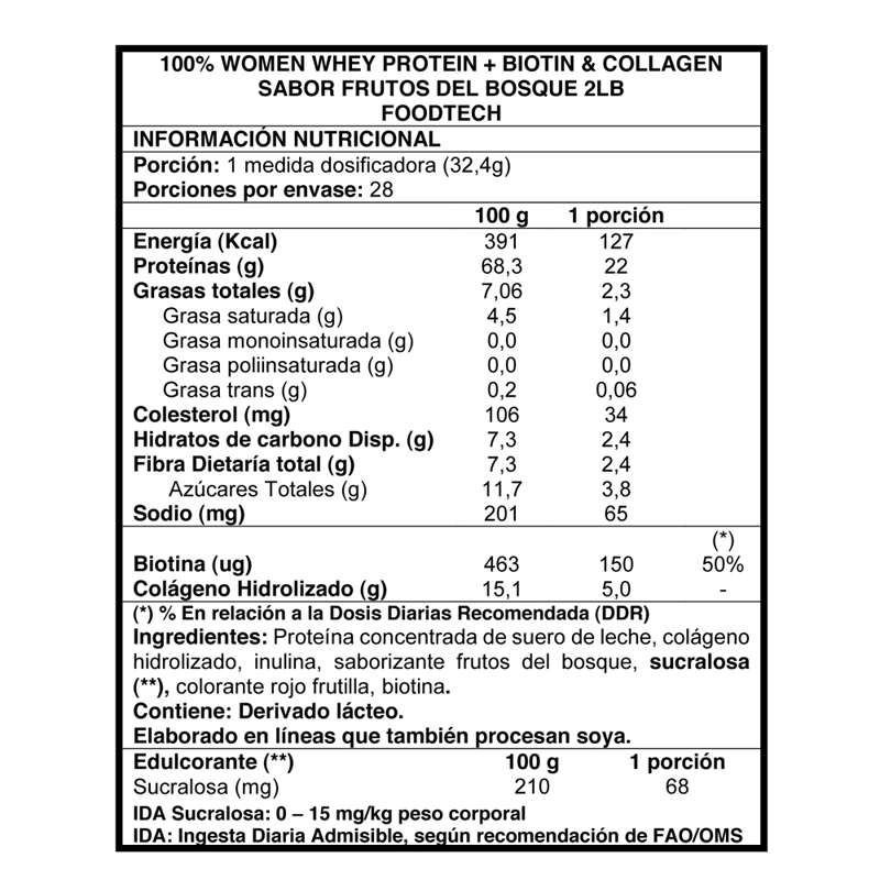SUPLEMENTO ALIMENTICIO FOODTECH 100% WOMEN WHEY FRUTOS DEL BOSQUE 2 LB + SHAKER WOMEN - 2